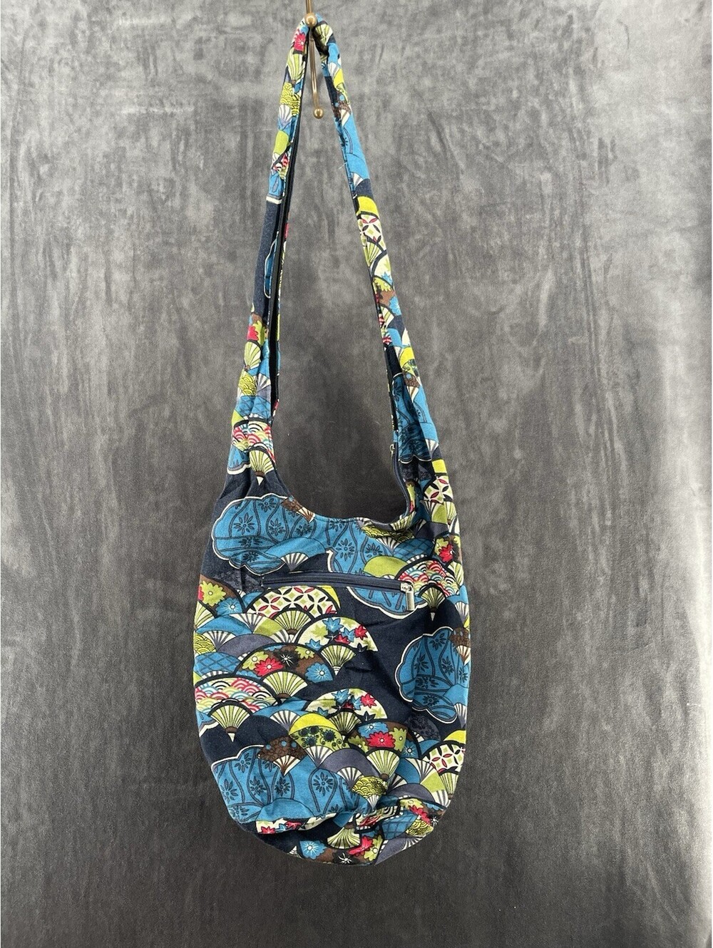 Boho Cotton Sling Crossbody Hobo Bag Blue Floral Zip Shoulder Purse